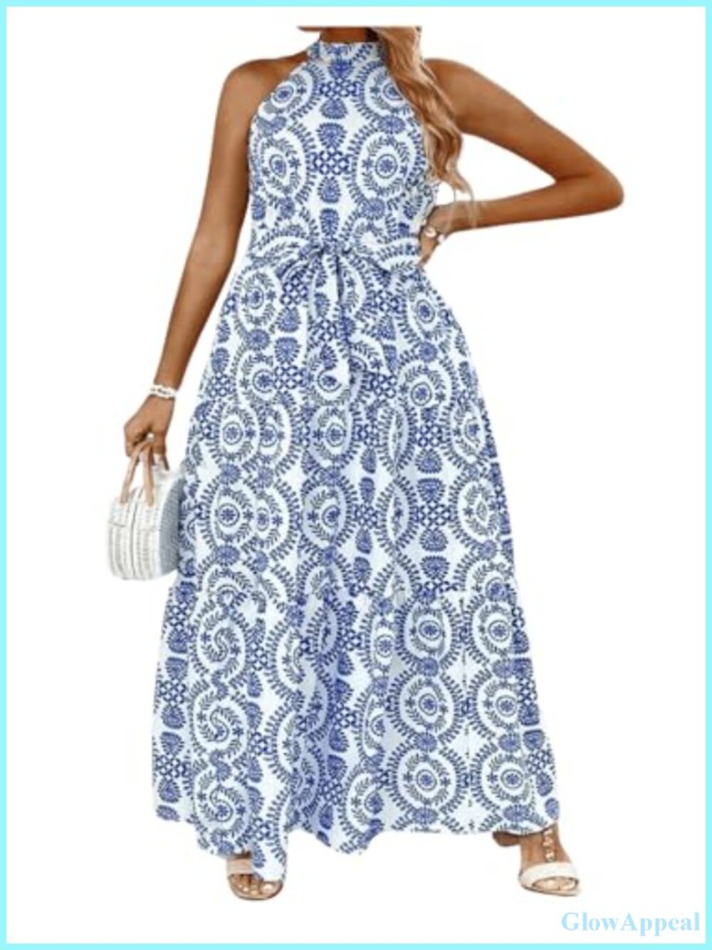 Plus Size Boho Sleeveless Halter Neck Tie Back Maxi Dress